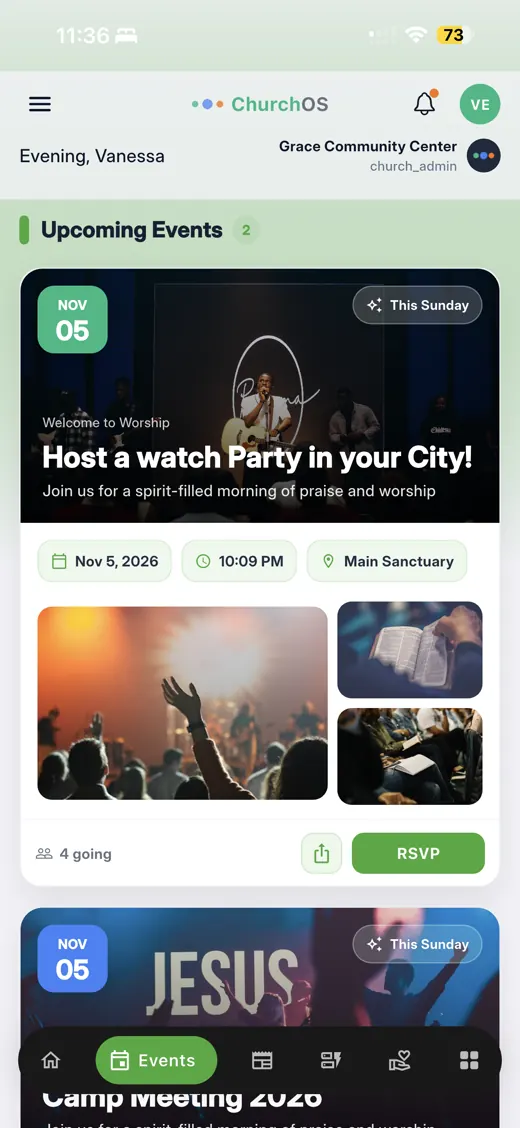 ChurchQ mobile events screen